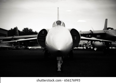 Old Military Jet Plane In Front Close Up Black & White