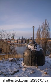 Old Military Phone Boot On The Former Ship Building Island Skeppsholmen Facing A View Over The Old Own Gamla Stan A Sunny Winter Day Afternoon In Stockholm, Sweden 2021-12-25