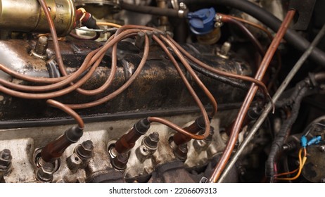 Old Military Truck Engine, Heavy Equipment Repair. Close-up