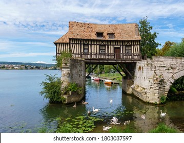 The Old Mill (le Veux Moulin) On The Vernon Broken Bridge On Seine River Witrh Swans In Foreground- Vernon, Normandy, France