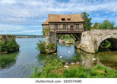 The Old Mill (le Veux Moulin) On The Vernon Broken Bridge On Seine River With Swans In The Foreground- Vernon, Normandy, France