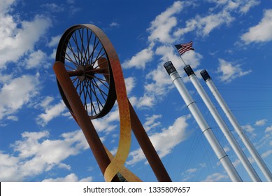 Old Mill Sculpture And Smokestacks In Bend Oregon Bend, Oregon, United States - June 21, 2007