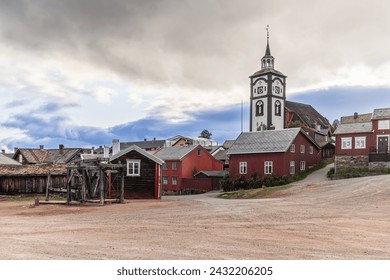 The old mine elevator in Roros, a relic of the mining era and Roros Kirke, capturing the essence of this historic Norwegian town