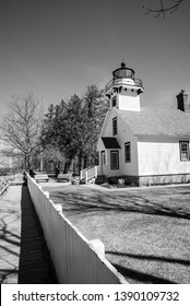 Old Mission Lighthouse Peninsula Lake Michigan Traverse City Black And White Fence