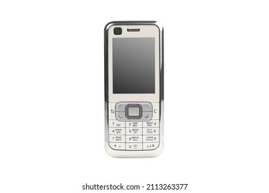 old mobile phone with buttons is isolated on a white background. Legacy technology, history, retro, progress, reliability