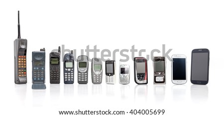 Old Mobile Phone from past to present on white background.