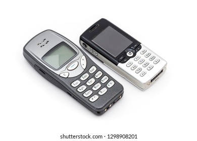 Old Mobile Phones (2000s) On The White Background.