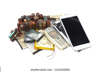 Old Mobile Phones And Battery / Electronic Waste Concept                          