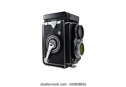 Old model of big format camera isolated on white