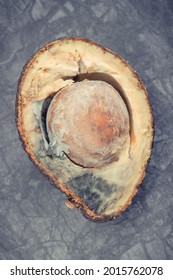 Old Moldy Avocado On Dark Wooden Board. Unhealthy And Disgusting Fruit