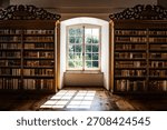An old monastery library with a window where light streams in