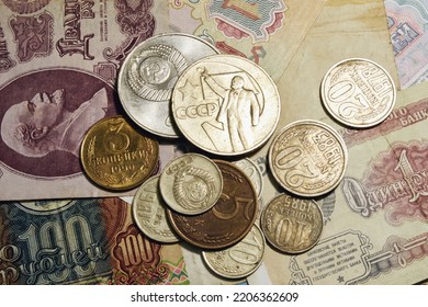 Old Money Of The USSR Close-up. Macro Photography Of Retro Coins Of The Soviet Union, Vintage Details