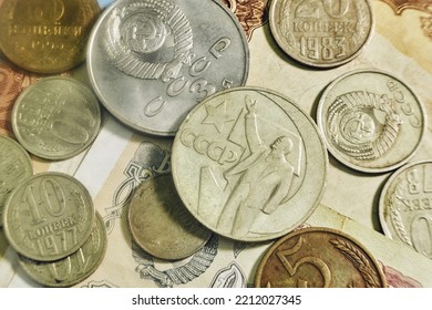 Old Money Of The USSR Close-up. Macro Photography Of Retro Coins Of The Soviet Union, Vintage Details