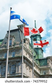 Old Montreal City Hall And Quebec, Canada And City Flag