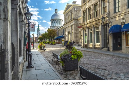 old Montreal early morning summer cobbled streets
				