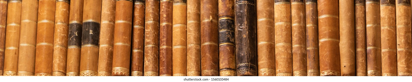 Old mostly leatherbound books from the end of the 19th century in a row