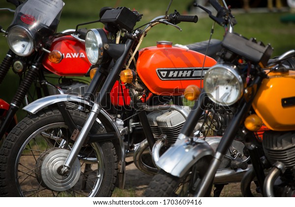 Old motorcycles brands Izh and Jawa during an\
exhibition of old vehicles in the aviation museum in Kyiv, Ukraine.\
April 25, 2015.