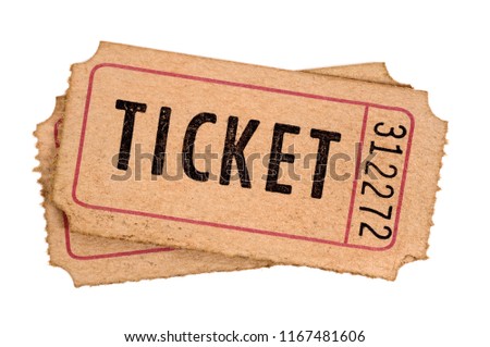 Old movie tickets isolated white background