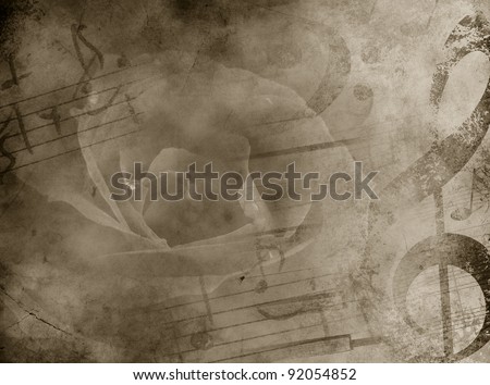 Old music background with rose. Vintage background.