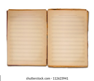 Old music score notebook. Isolated on white.