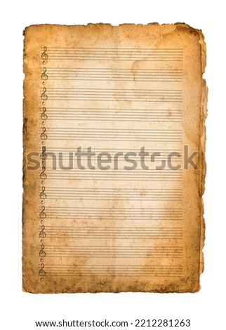 Old music sheet with blank musical pentagram isolated on white