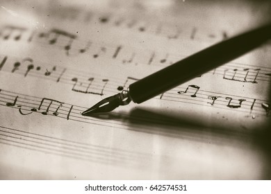 Old Musical Score With Fountain Pen Ruined Vintage Style Photograph