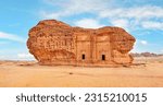 Old Nabatean architecture at Jabal Al Ahmar, Hegra in Saudi Arabia, 18 ancient tombs are located here