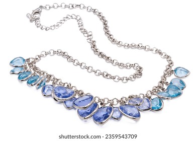 Old necklaces made from silver isolated on  white background,decolate by blue and purple artificial diamond ,macro photo,has path    