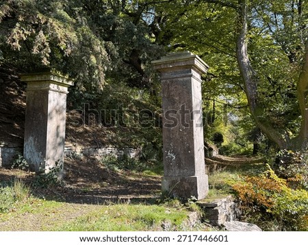 Old neglected stone gateposts on a country track with autumn leaves on the trees in the background. 