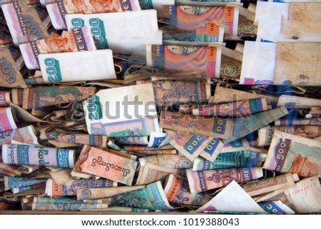 Old New Kyat Banknotes Currency Money Stock Photo Edit Now - old and new kyat banknotes currency money of myanmar burma are full in
