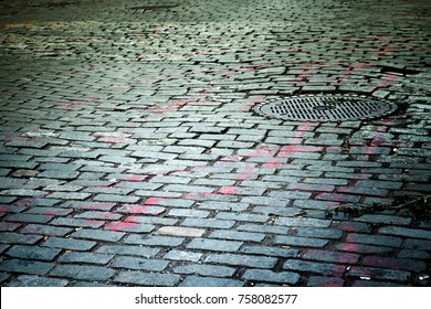 Old New York City Cobblestone Street With Manhole Cover Texture