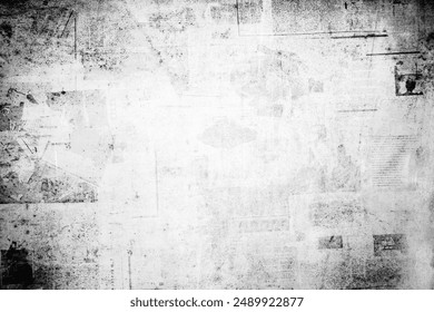 OLD NEWSPAPER BACKGROUND, BLANK GRUNGE PAPER TEXTURE, DARK NEWS PRINT PATTERN DESIGN WITH WHITE GRUNGY SPACE FOR TEXT, NEWS BACKDROP