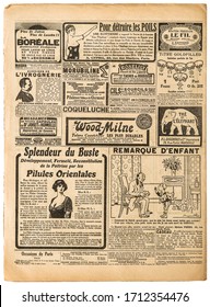 Alte Zeitungsseiten mit Vintage-Werbung und Mode. Verwendeter Papierhintergrund