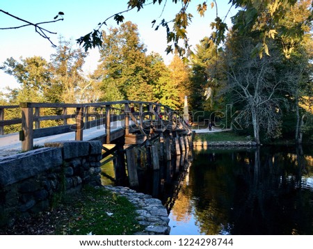The Old North Bridge. Photo was taken on a late afternoon in October at the Minute Man National Historical Park, Concord, Mass, USA. New England.