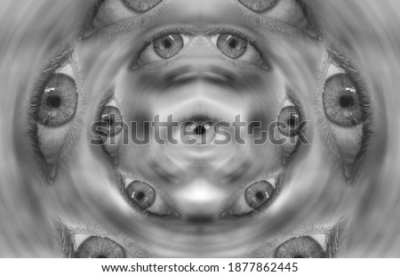 Old nostalgia black and white symmetric background abstract of eyes psychedelic vision look of iris 