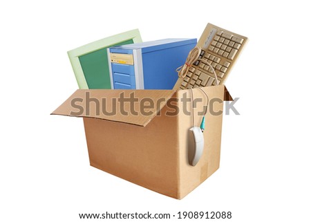 Old and obsolete desktop computer hardware accessories, Electronic waste in paper boxes isolated on white background, Reuse and Recycle concept.