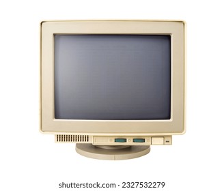 old and obsolete monochrome computer monitor isolated on white background with clipping path