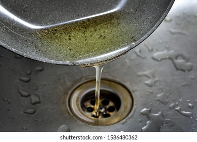 old oil poured into the kitchen waste from the pan, clogging the waste in the sink
