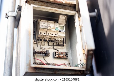 Old Open Electrical Control Panel Box. Selective Focus