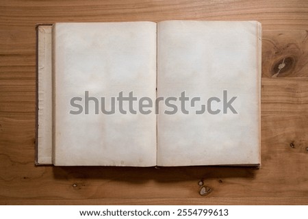 Old Open Empty Blank Book Sheets, Damaged Weathered Book on Wooden Table