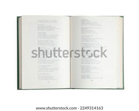 Old open hardcover book isolated on white, top view