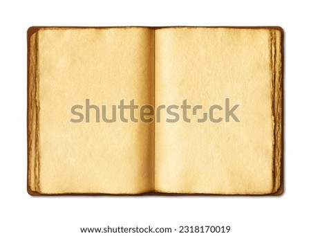 Old open medieval book with worn parchment pages. Blank textured manuscript, copy space. Isolated on white background
