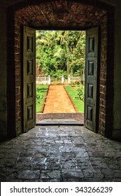 Old opened door at a villa in India