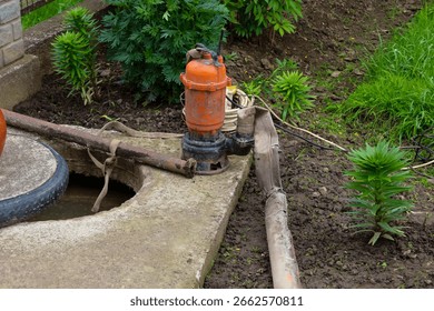 An old orange pump with a rusty pipe and a hose lying near a drainage hole. The surrounding greenery contrasts with the outdated equipment, indicating rural life and practical household chores.