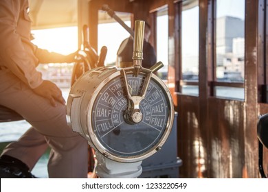 old ordering control signal to engine room of boat for boating on water classic style. vintage technology of boating to communication in marine team from captan to control movement to engine room.