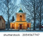 An old Orthodox church in the Finnish town of Lappeenranta on the territory of a fortress in winter: a facade without people.