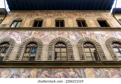 Old Painting On Building Exterior, Historic Fresco Outdoor, Florence, Italy. Painted Facade Of Renaissance House Wall Outside. Theme Of Italian Art, Culture, Monument, Mural And Travel In Florence.