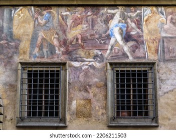 Old Painting On House Outside Wall, Fresco Of The Renaissance Outdoor, Florence, Italy. Painted Facade Of Historic Building. Theme Of Italian Art, Exterior, Culture, Heritage And Travel In Florence.