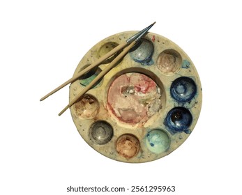 Old palettes and dried paint stains stains. background white - Powered by Shutterstock