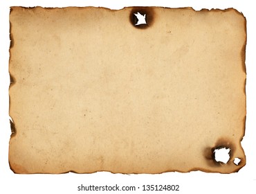 old paper with burnt edges isolated on white background